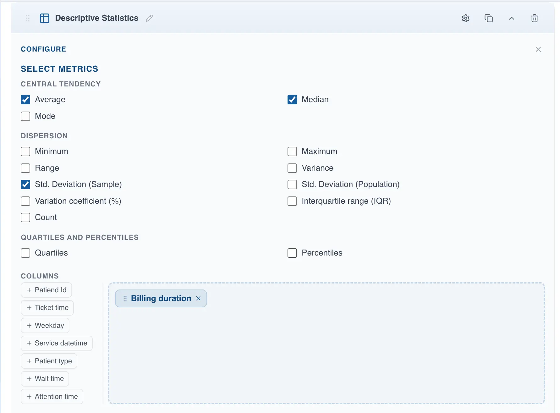 Descriptive statistics options