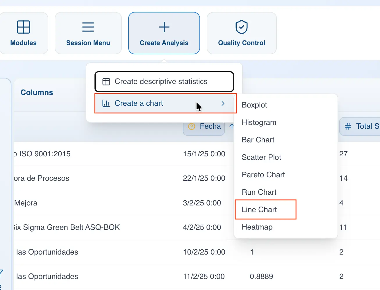 Create analysis from menu